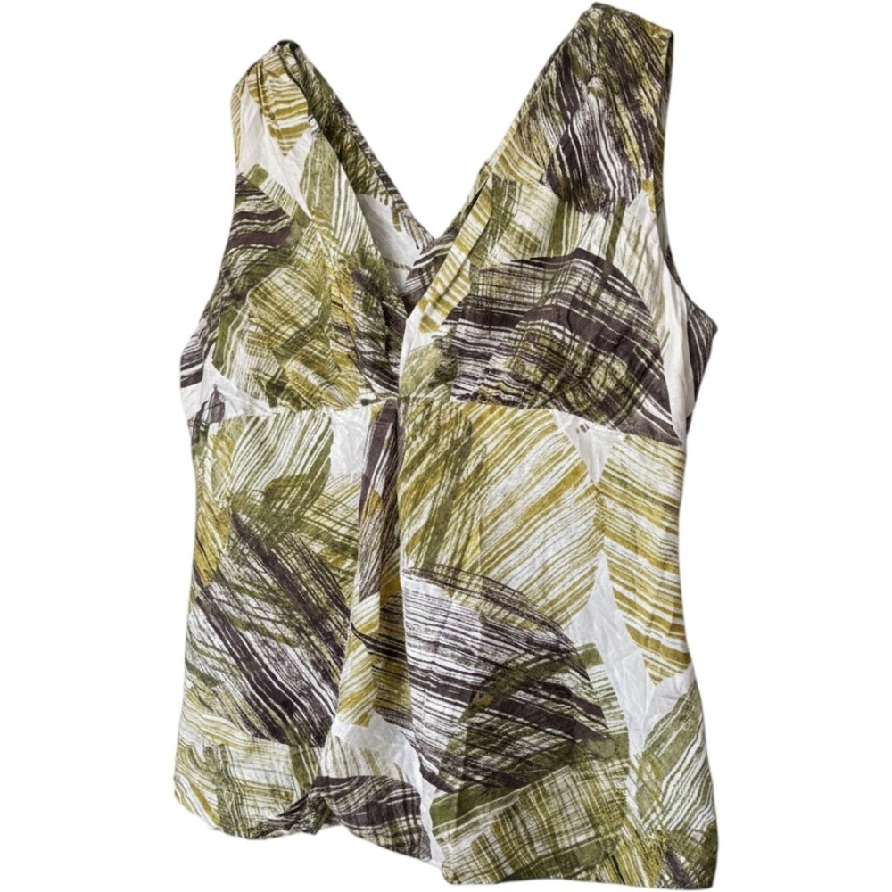 New York & Company 100% Silk Green Abstract Palm Tropical Top Tank‎ Blouse L Y2K